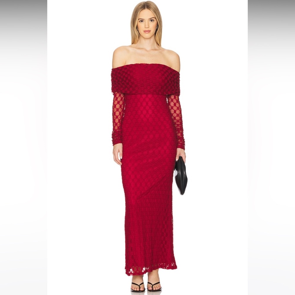 Adoni Off Shoulder Maxi Dress in Deep Red
Bardot